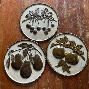 Vintage Elpec England Brass wall hangings fruit motifs apples cherries pear